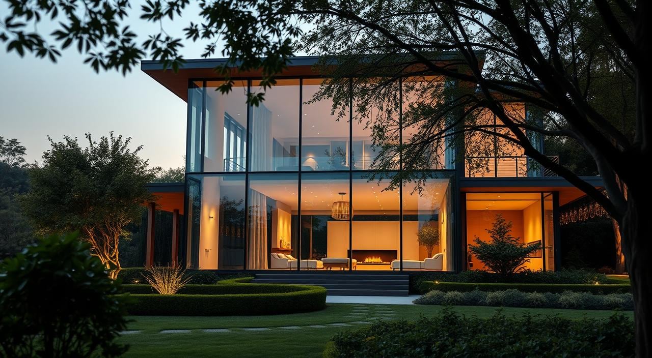 Residência de alto padrão com fachada de vidro iluminada ao entardecer